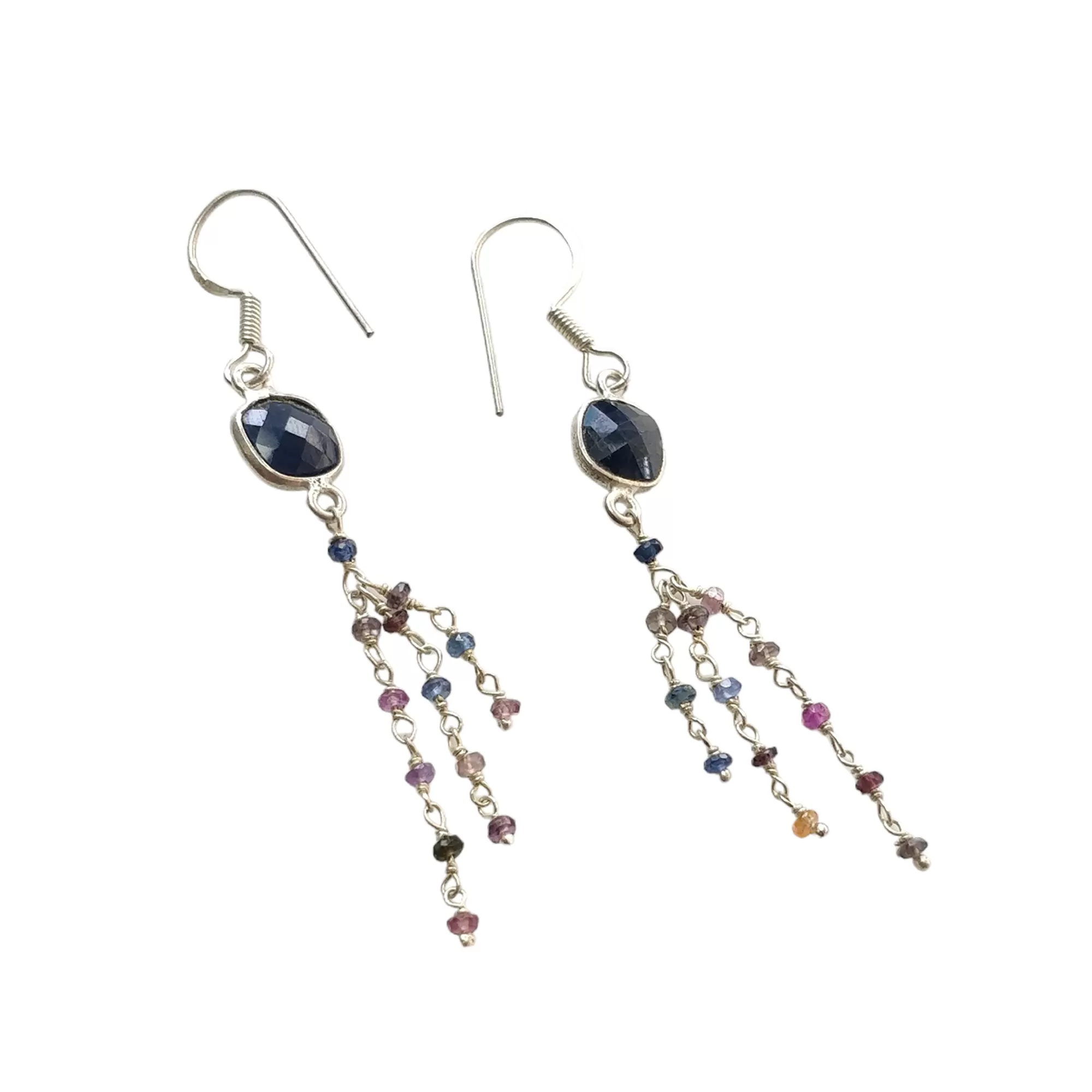 Blue & Multi Sapphire Gemstone 925 Sterling Silver Beaded Earrings : 2.88gms Natural Sapphire Drop Dangle Statement Hook Earring 2.5"