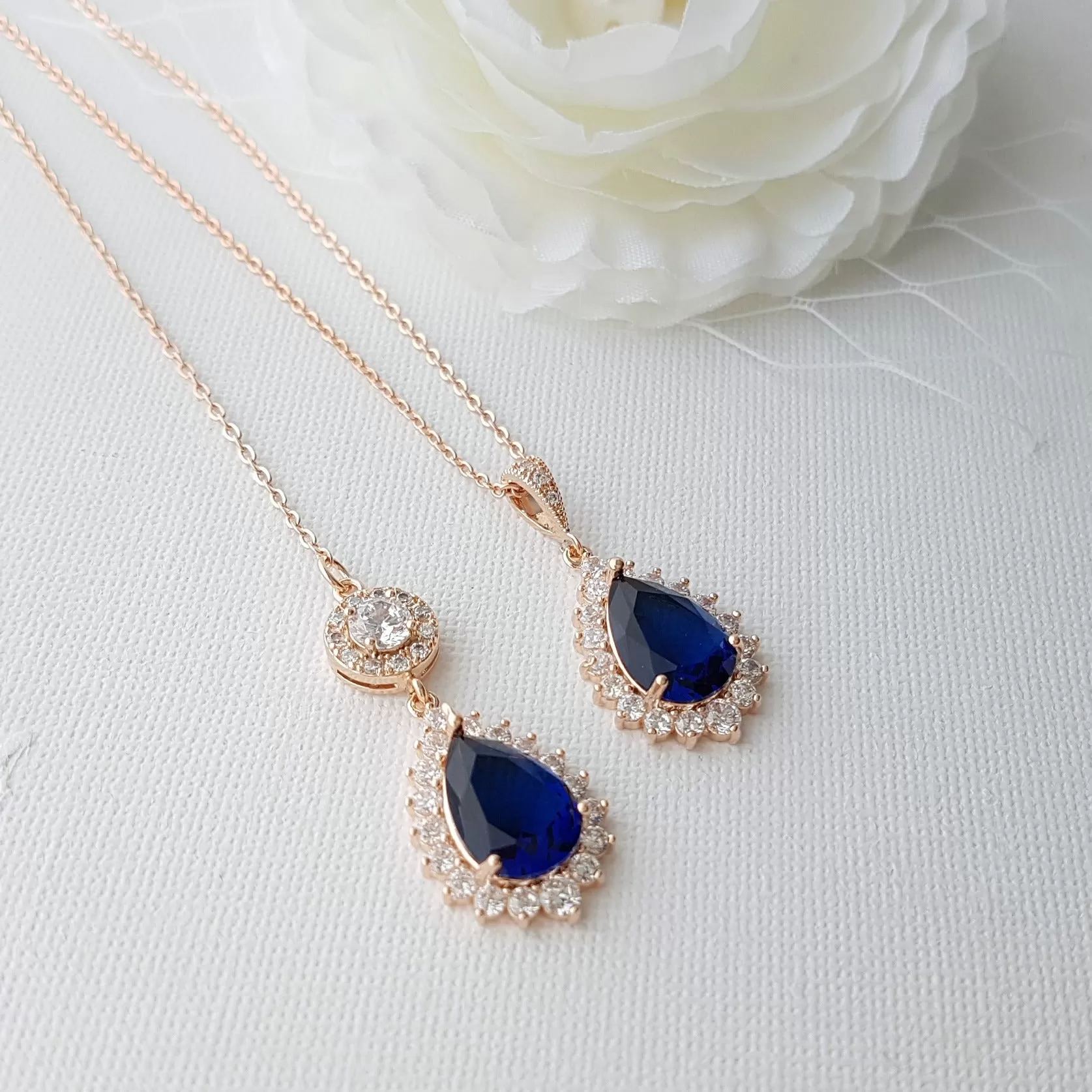 Blue Bridal Necklace in Rose Gold with Backdrop-Aoi