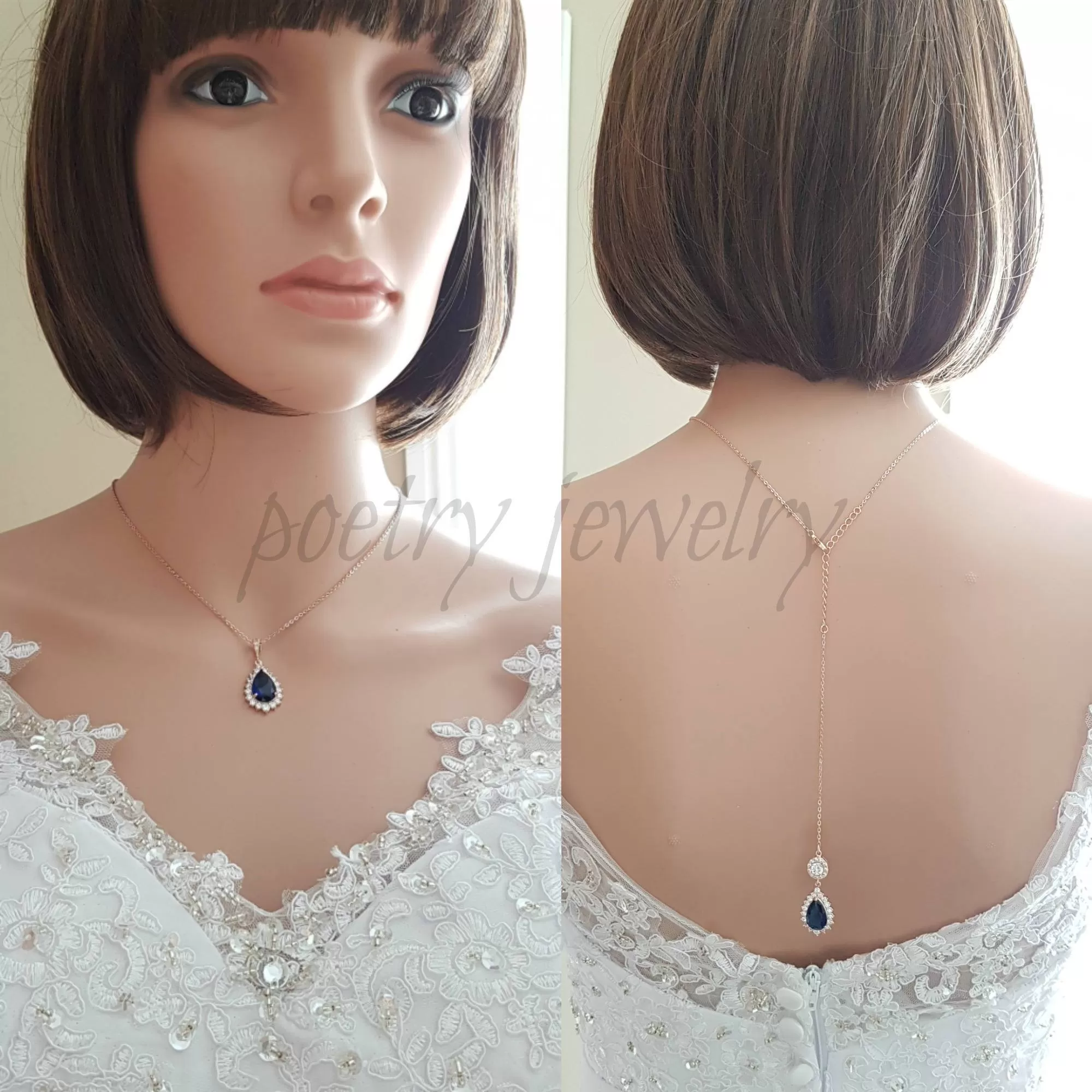 Blue Bridal Necklace in Rose Gold with Backdrop-Aoi