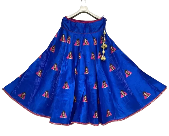 Blue Lady with Glasses Cotton Silk Flared Navratri Skirt