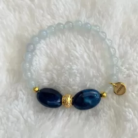 Blue Quartz and Blue Agate Beaded Bracelet with Gold Beads