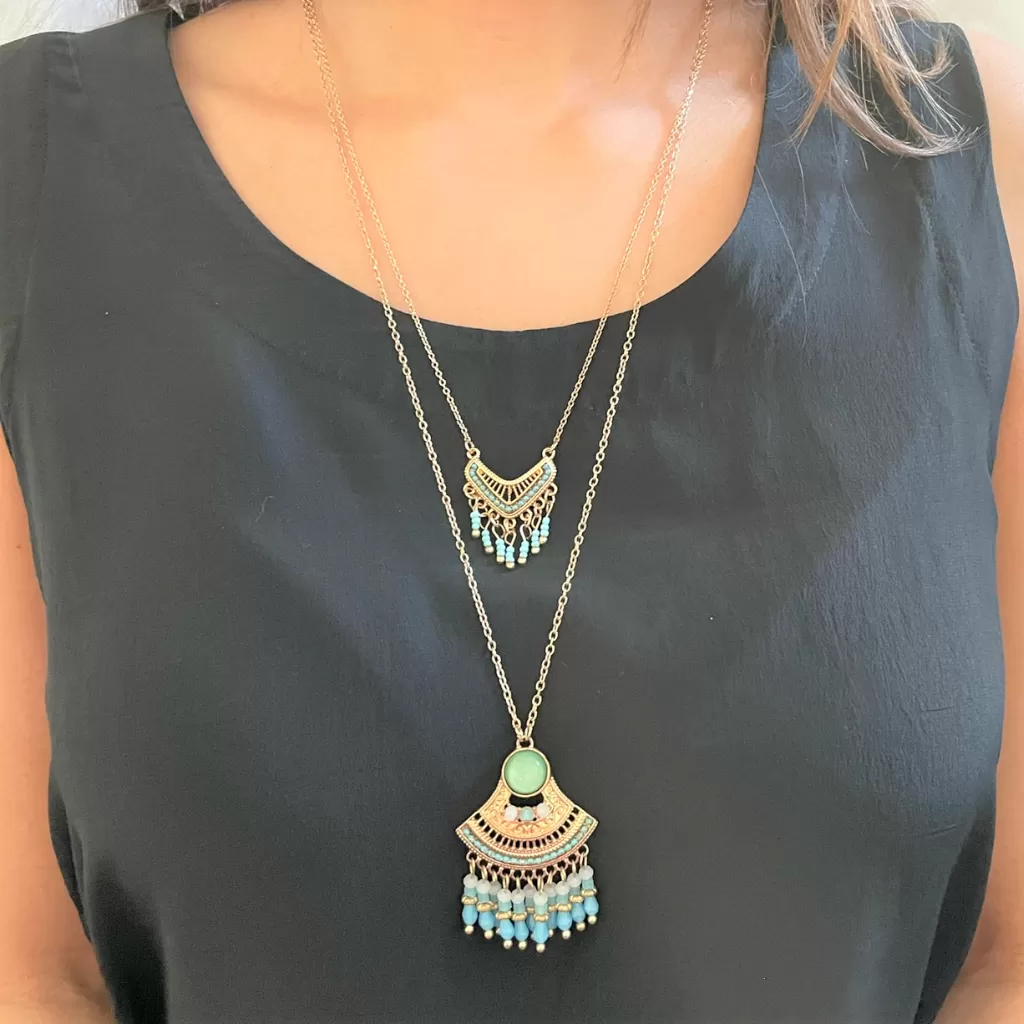 Bohemian Style Turquoise Double Layered Fringe Necklace