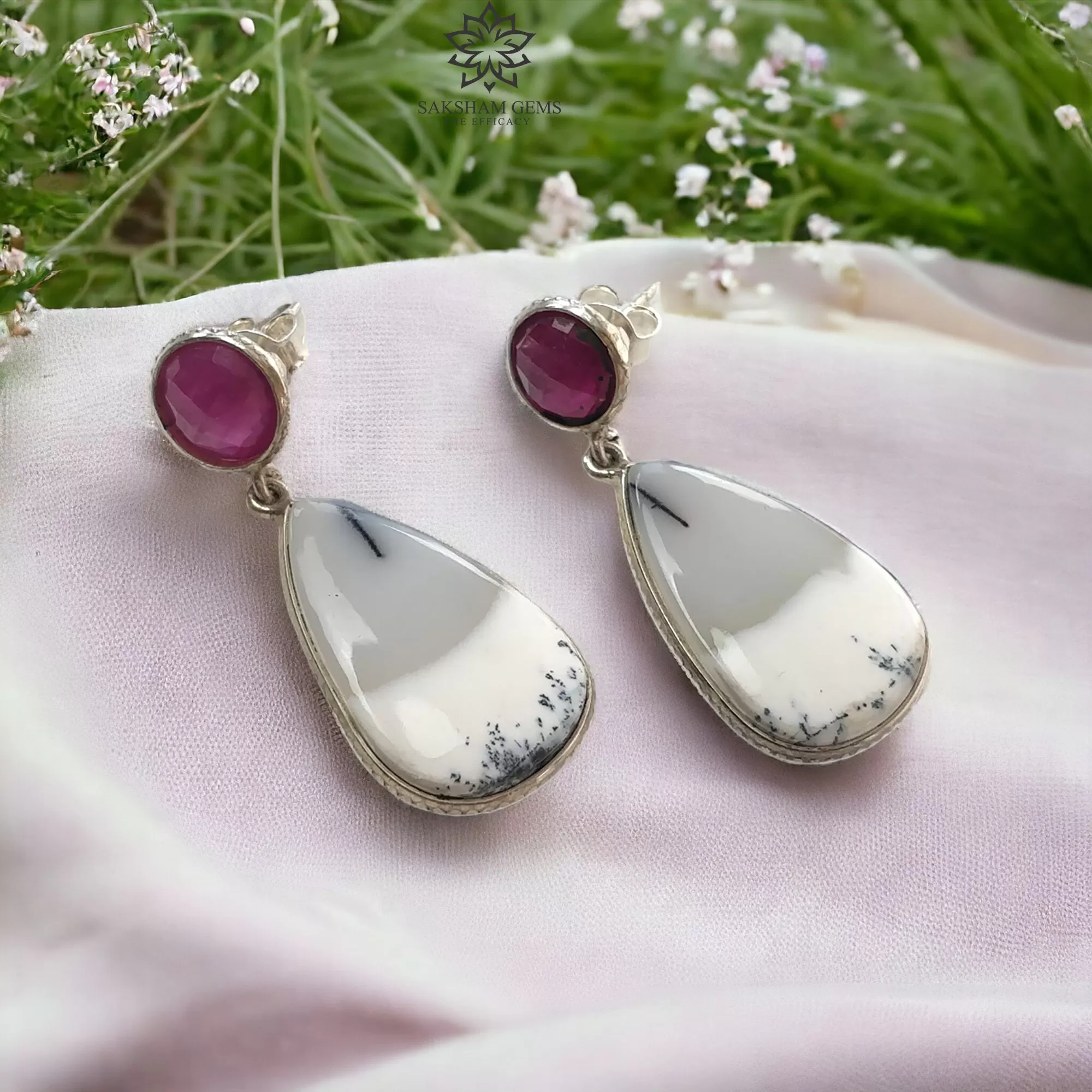 BOTSWANA AGATE & RUBY Gemstone Earrings : 9.09gms Natural 925 Sterling Silver Bi-Color Bezel Set Drop Dangle Push Back Earring 1.6"