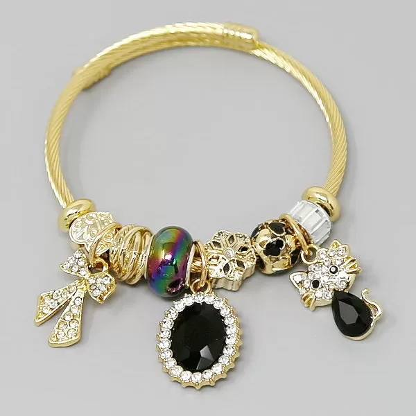 Bow & Kitty Cat Multi Charm Textured Bangle Bracelet