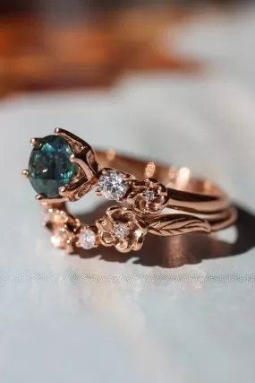 Bridal set with 1 ct teal sapphire and diamonds / Fiorella