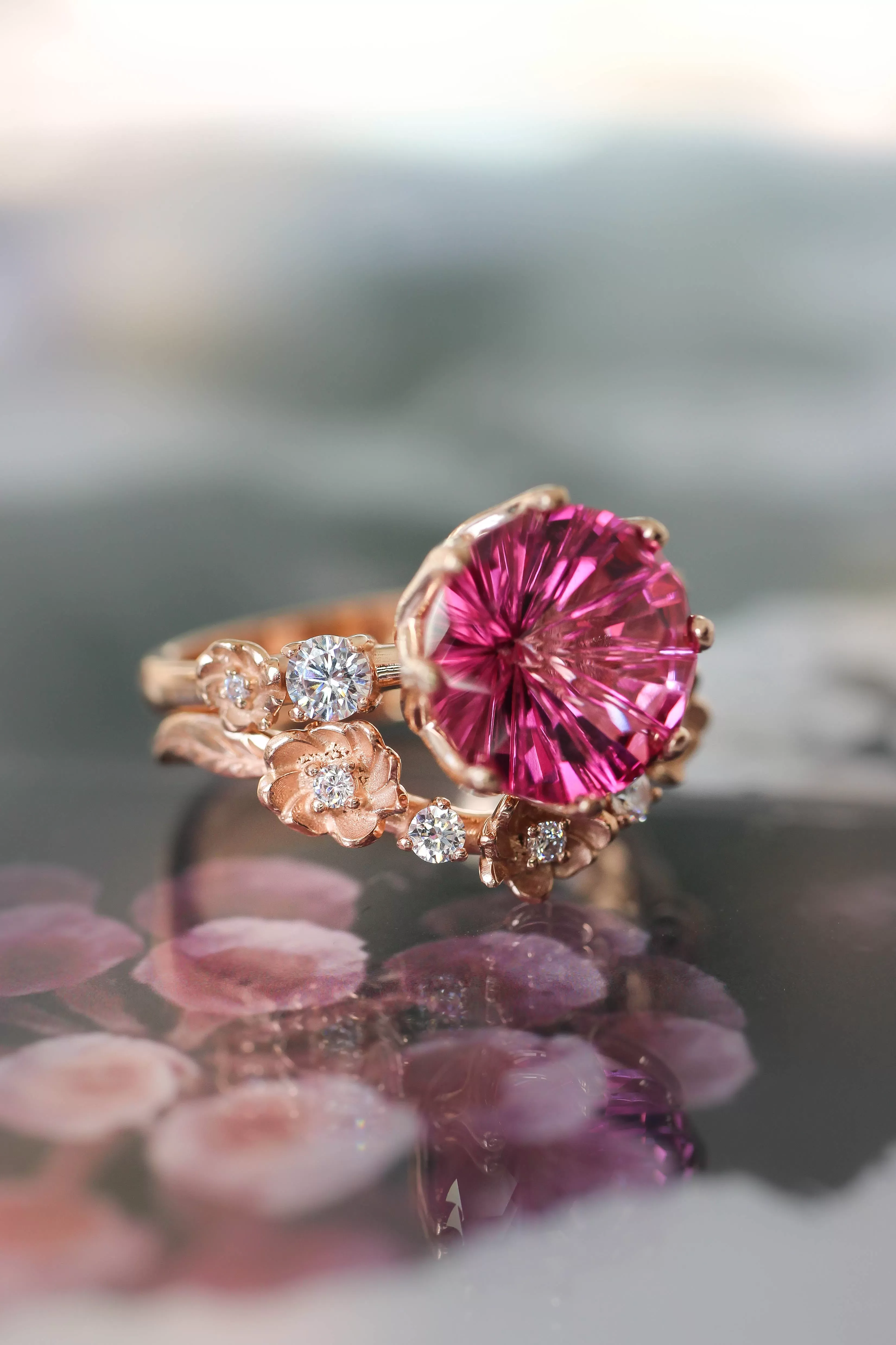 Bridal set with fancy cut pink topaz and diamonds / Fiorella