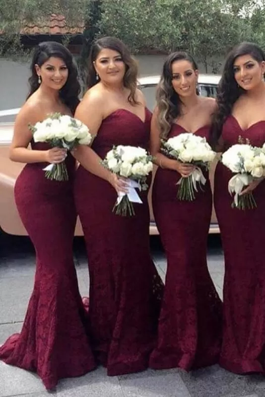 Burgundy Sweetheart Mermaid Sweep Train Lace Bridesmaid Dress