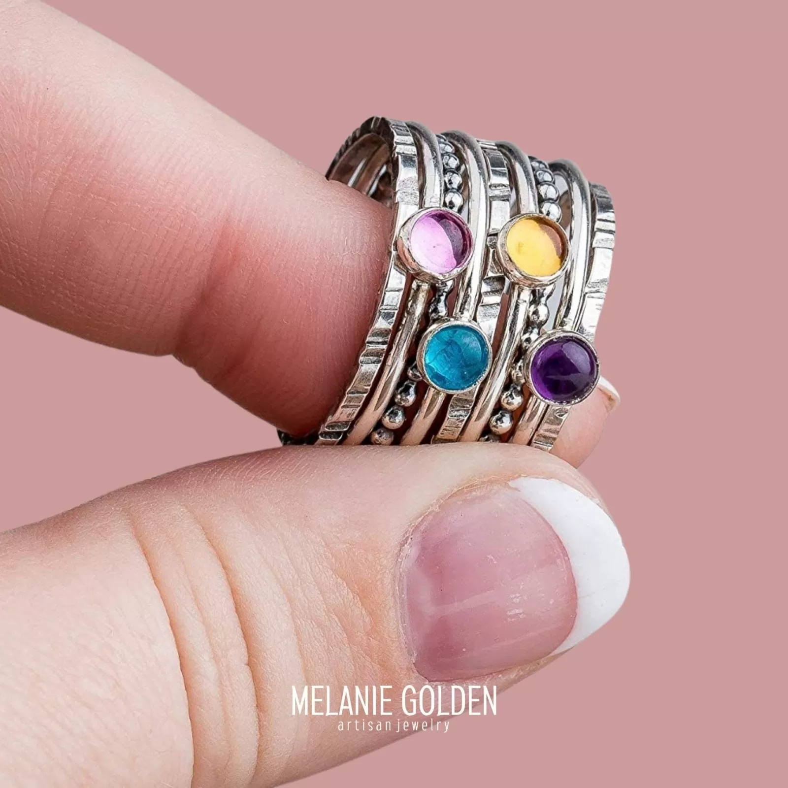 Colorful Stacking Gemstone Rings Set Of 9