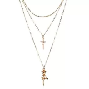 Cross and Rose Pendant Triple Chain Gold Necklace