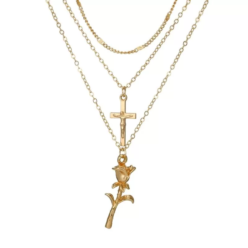 Cross and Rose Pendant Triple Chain Gold Necklace