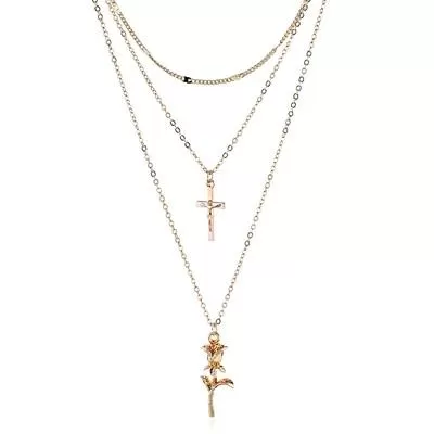 Cross and Rose Pendant Triple Chain Gold Necklace