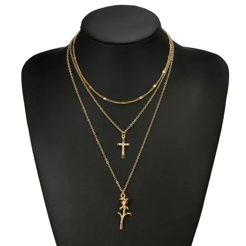 Cross and Rose Pendant Triple Chain Gold Necklace