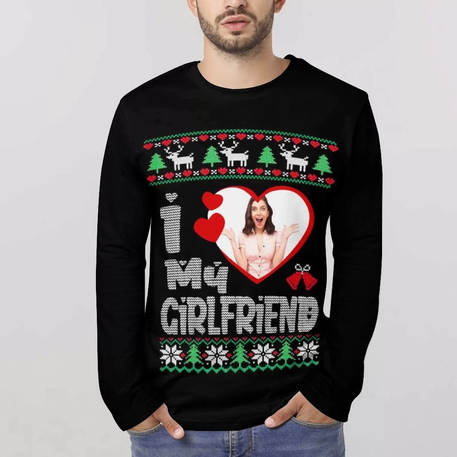 Custom Photo Couple Full Print Long Sleeve T-Shirt with Heart Christmas Tree Elk Create Your Own Personalized All Over Print T-shirt