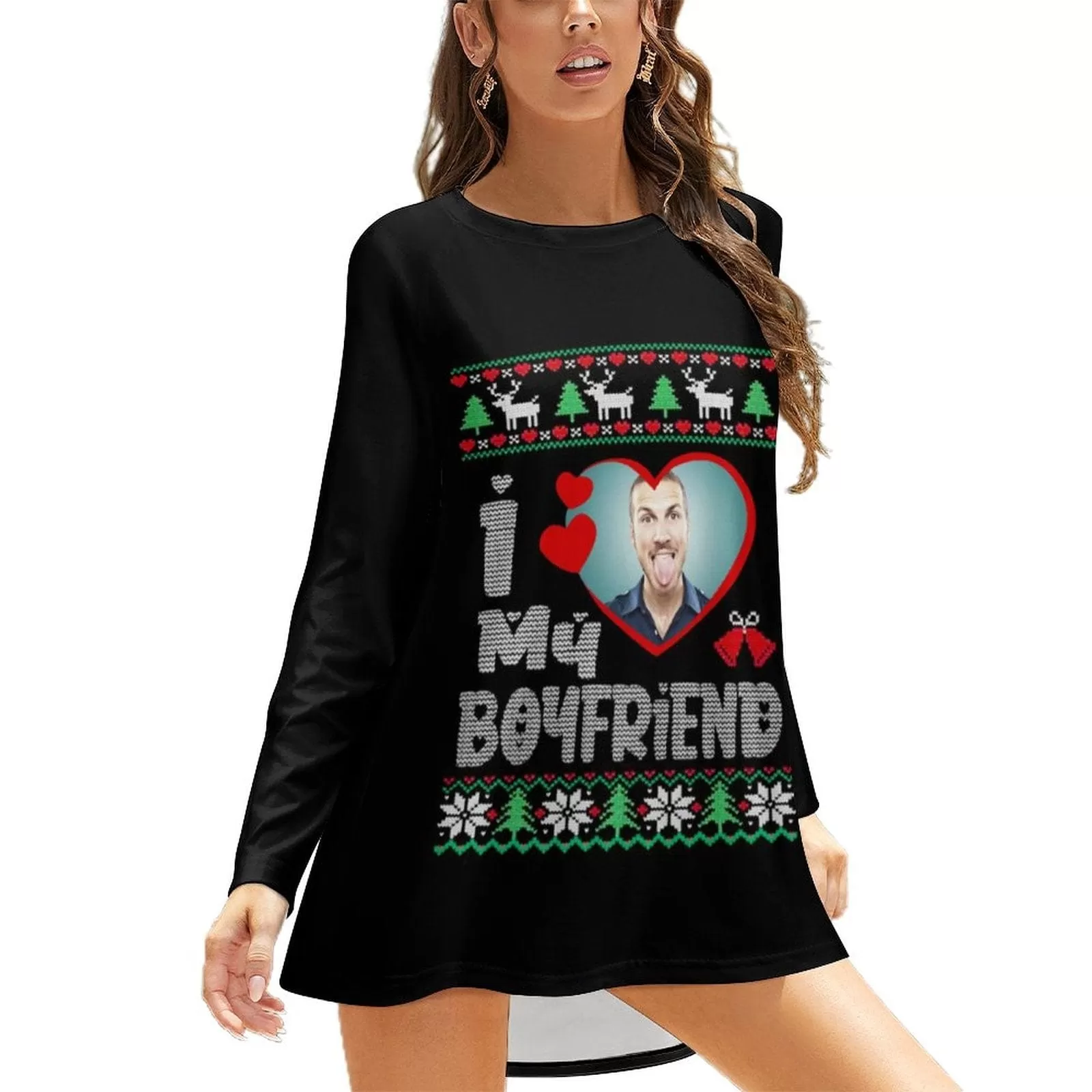 Custom Photo Couple Full Print Long Sleeve T-Shirt with Heart Christmas Tree Elk Create Your Own Personalized All Over Print T-shirt