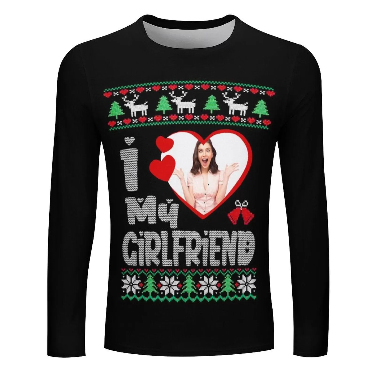 Custom Photo Couple Full Print Long Sleeve T-Shirt with Heart Christmas Tree Elk Create Your Own Personalized All Over Print T-shirt