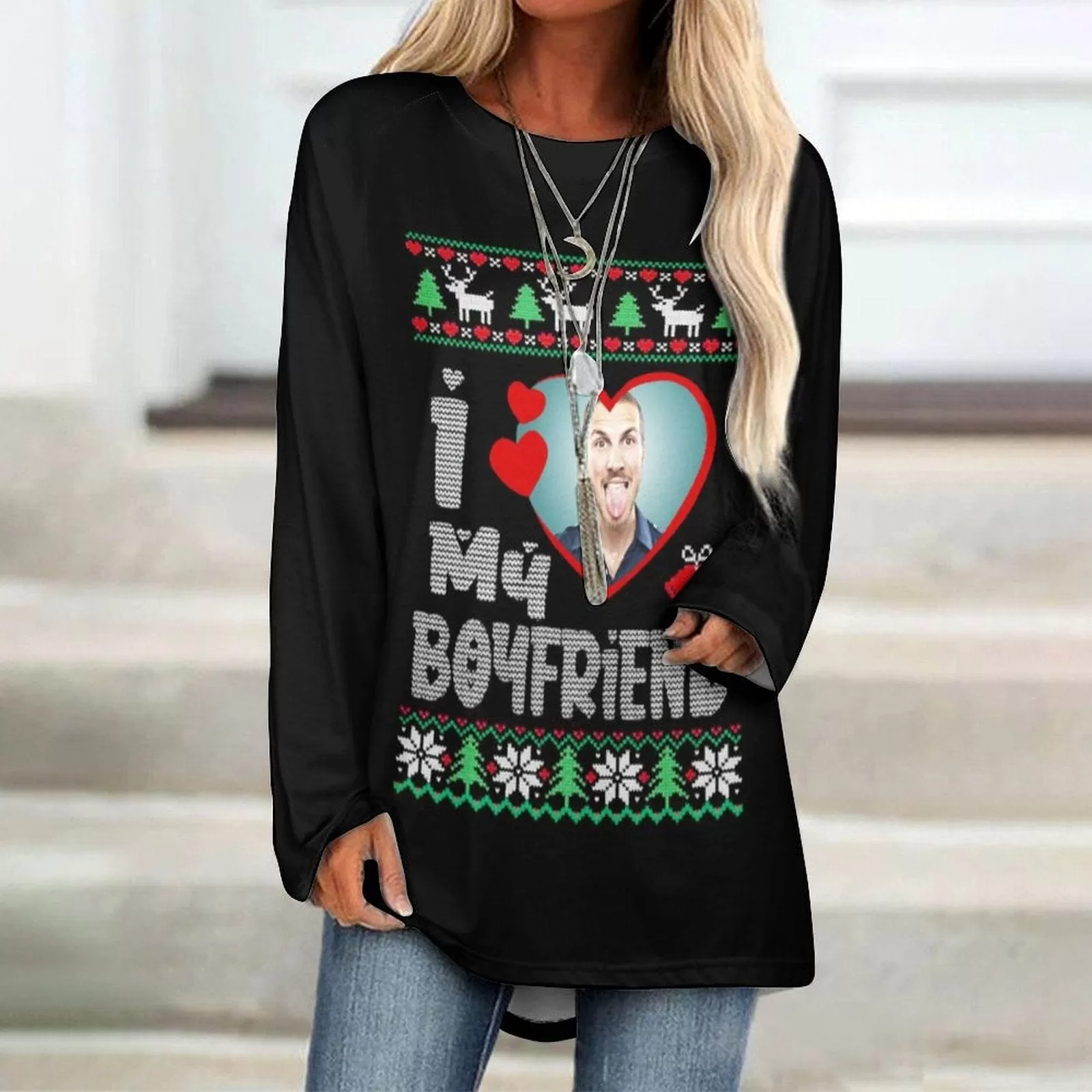 Custom Photo Couple Full Print Long Sleeve T-Shirt with Heart Christmas Tree Elk Create Your Own Personalized All Over Print T-shirt