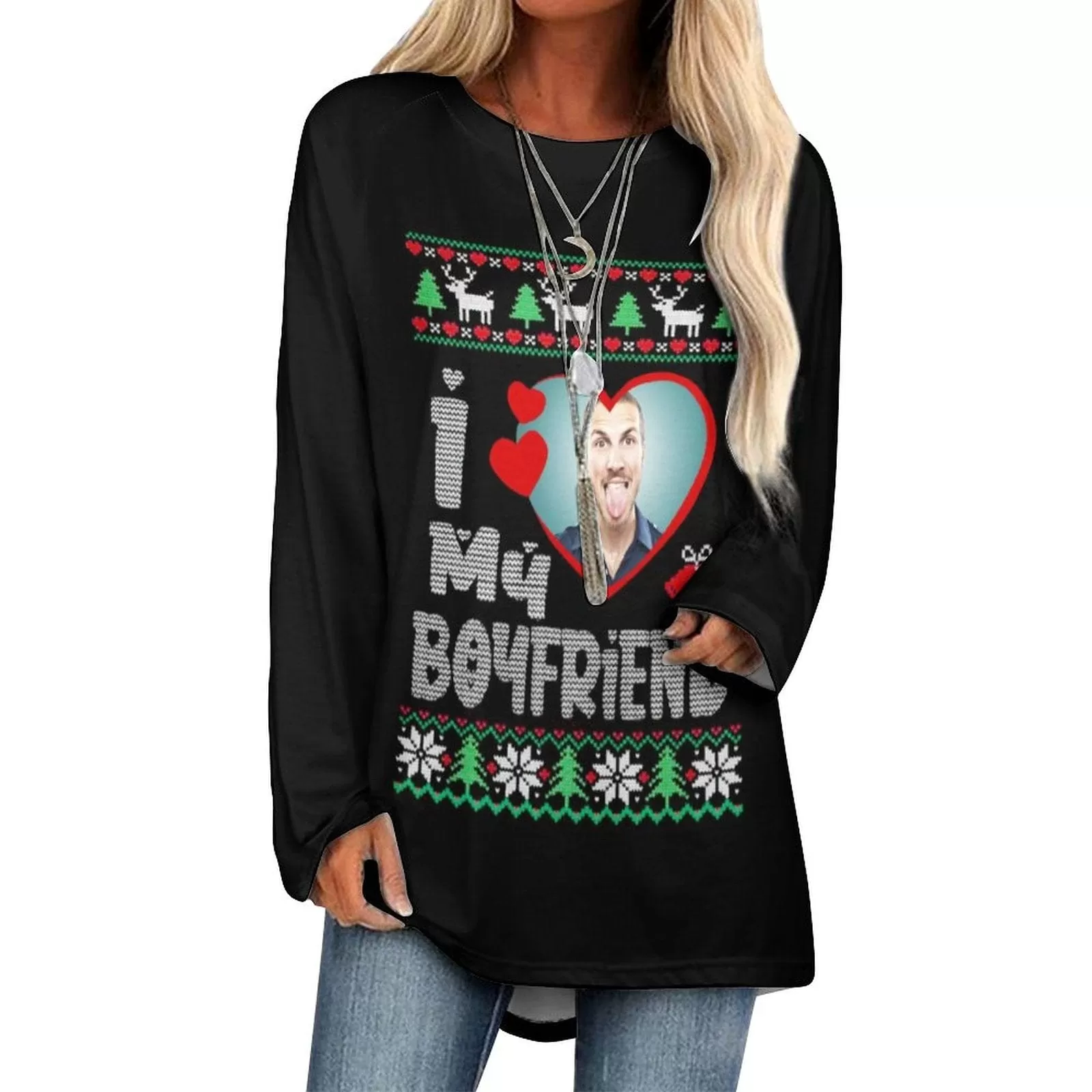 Custom Photo Couple Full Print Long Sleeve T-Shirt with Heart Christmas Tree Elk Create Your Own Personalized All Over Print T-shirt