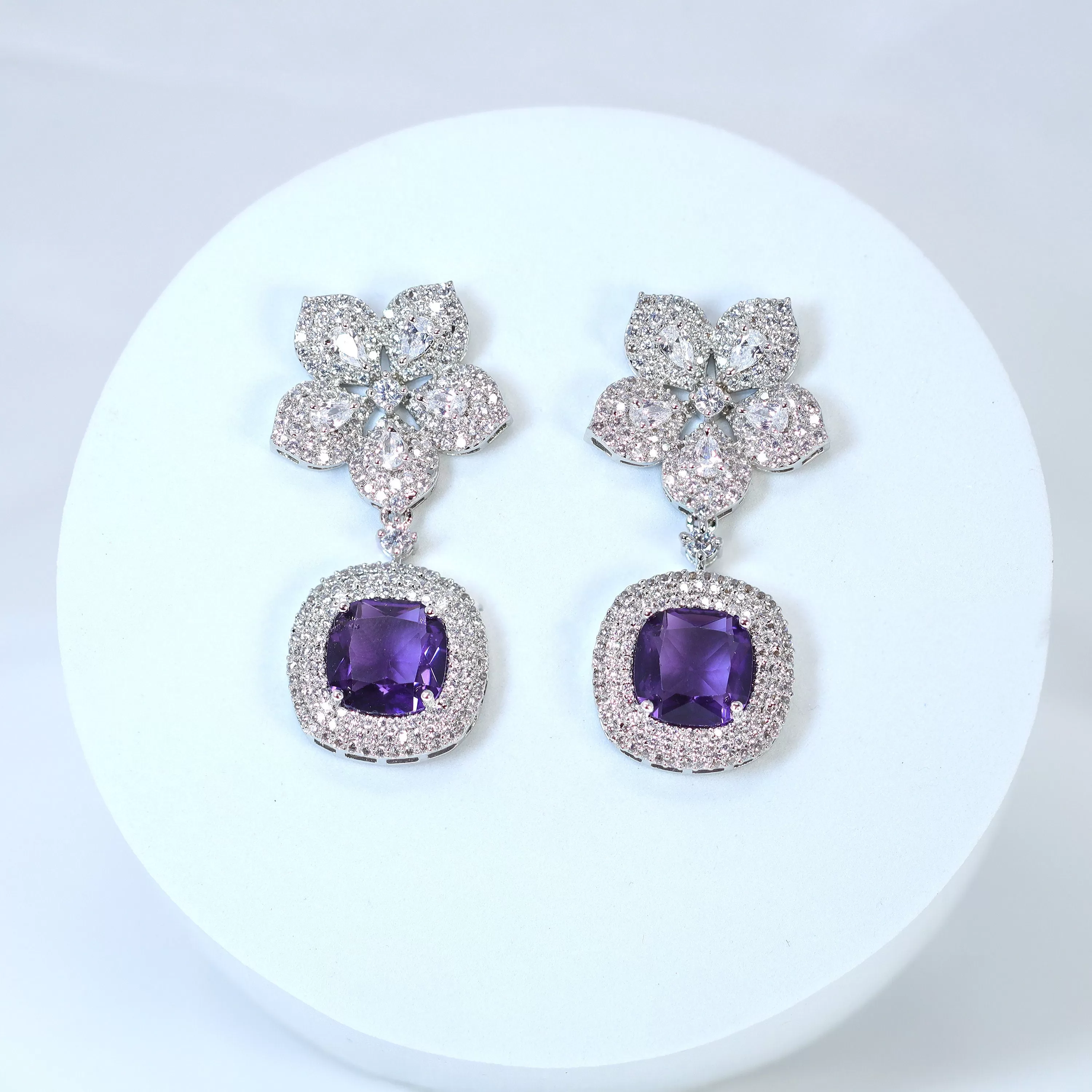 Cz Floral Purple Crystal/Green Drop Diamond earrings Long Bridal Jewelry Bridal Earrings Crystal Bridal Earrings Statement earrings