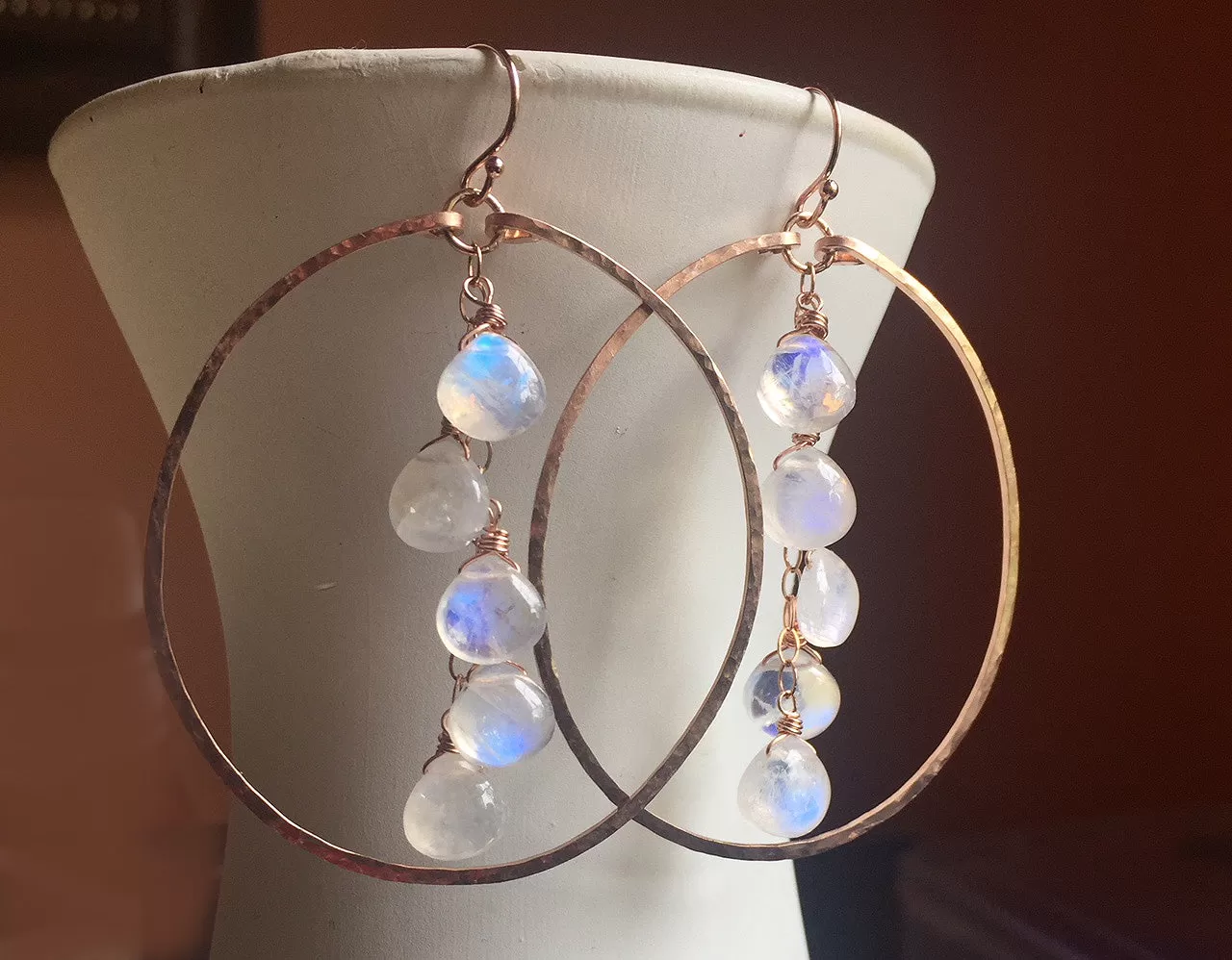 Deborah Hammered Hoop Earrings in Moonstone and 14K ROSE Gold Filled, Size: 50mm, 2", Metal choices