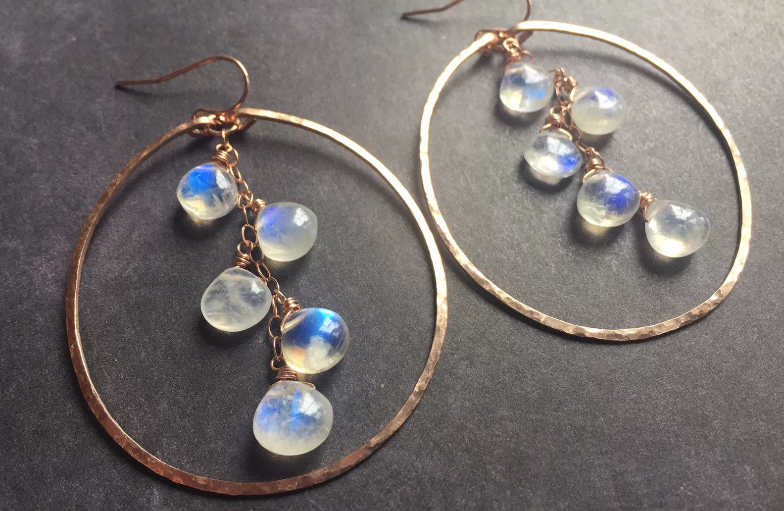 Deborah Hammered Hoop Earrings in Moonstone and 14K ROSE Gold Filled, Size: 50mm, 2", Metal choices