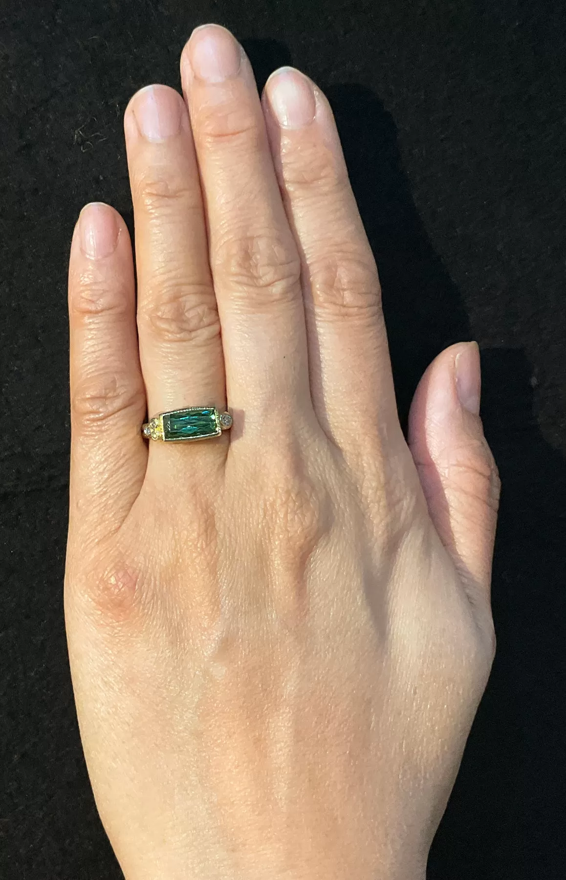 Delicate Double Band with elongated Cushion Cut Green Tourmaline