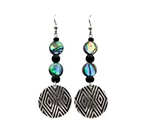 Diamond Hand Roller Printed Sterling Silver, Abalone & Onyx Dangle Earrings