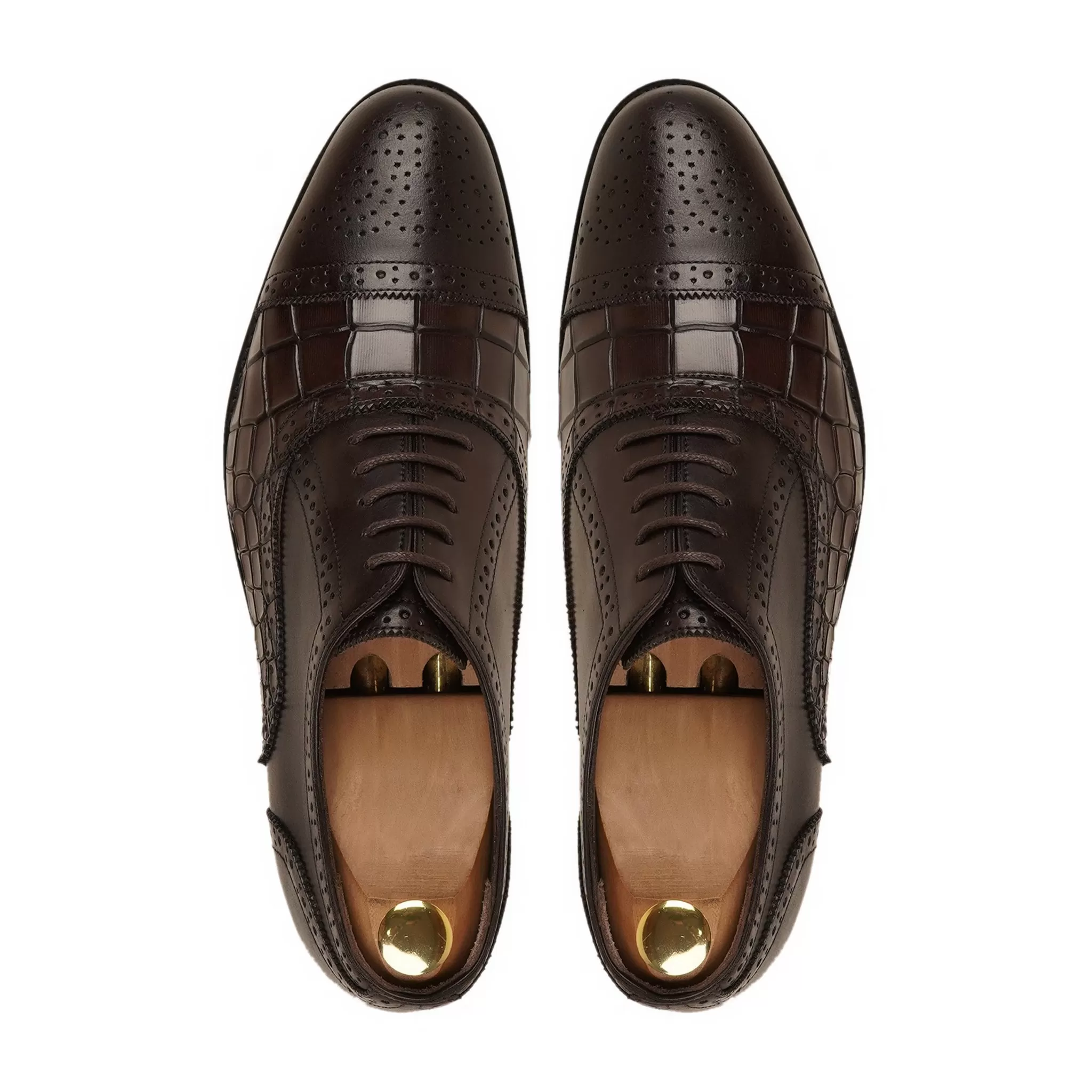 Diest - Men's Dark Brown Calf and Printed Crocodile Calf Leather Oxford Shoe