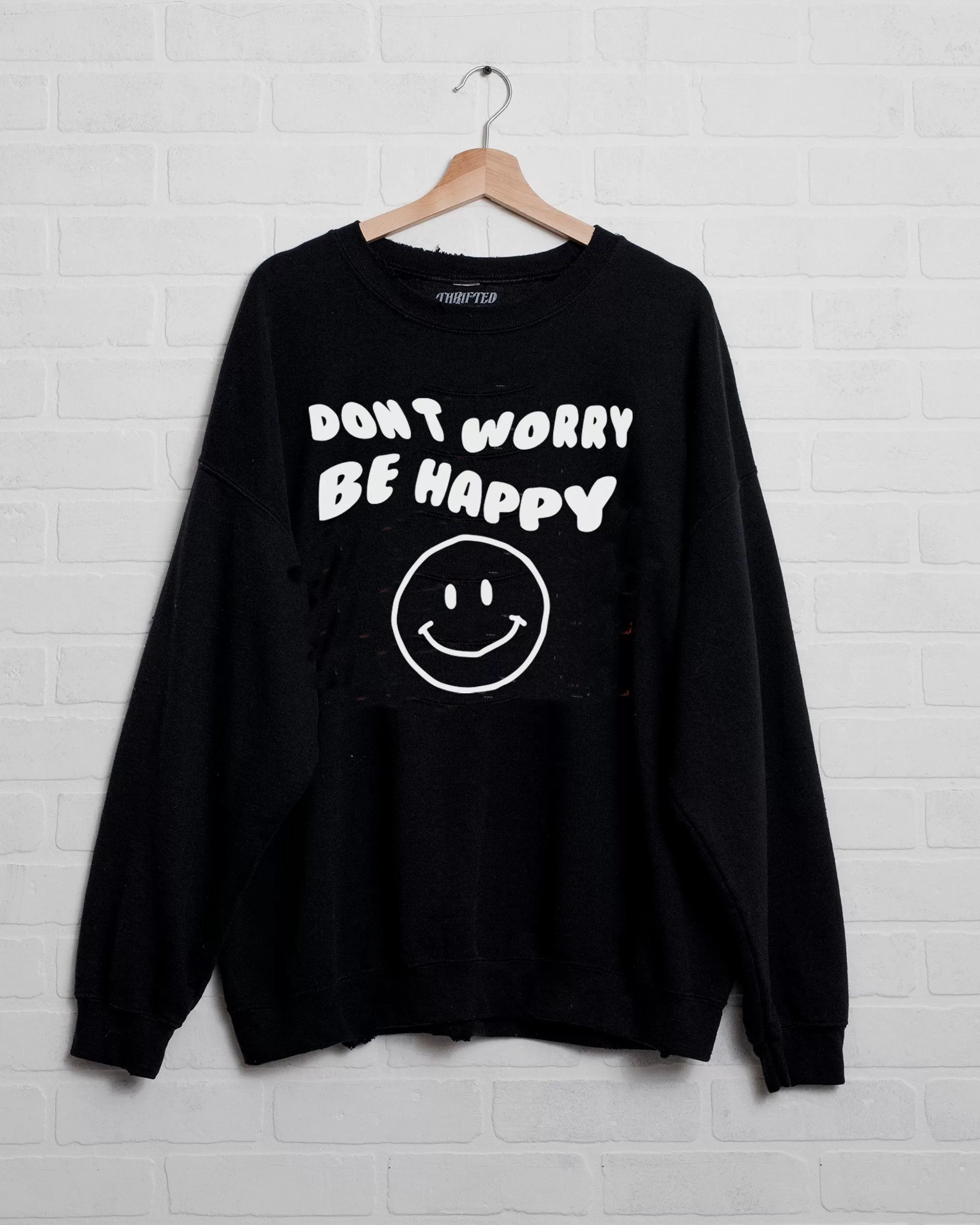 Don't Worry Be Happy Puff Ink Black Thrifted Sweatshirt