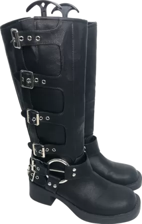 Ego Black Buckle-down Side Buckle Mid Calf Biker Boot In Faux Leather UK 5 EU 38 👠