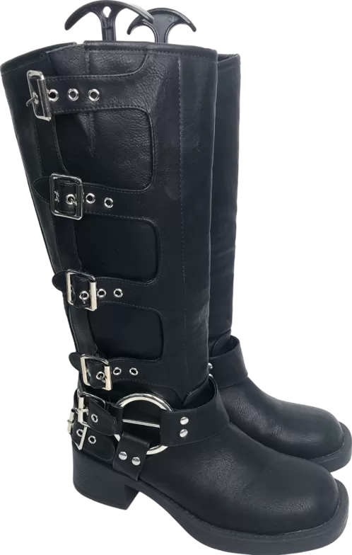 Ego Black Buckle-down Side Buckle Mid Calf Biker Boot In Faux Leather UK 5 EU 38 👠