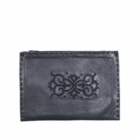 Embroidered Leather Pouch in Black