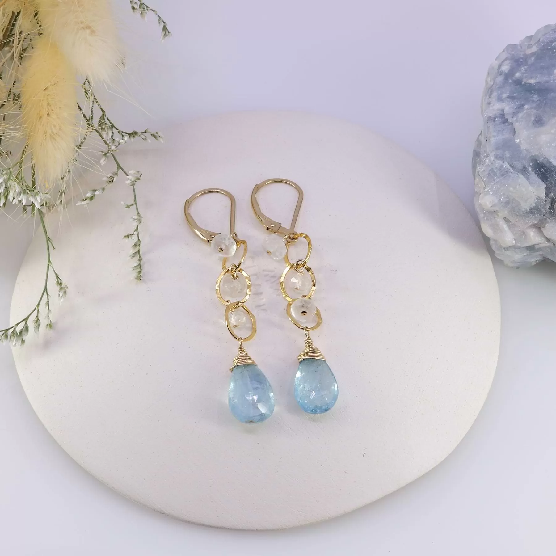 Enchanted - Aquamarine and Moonstone Gold Tiered Earrings