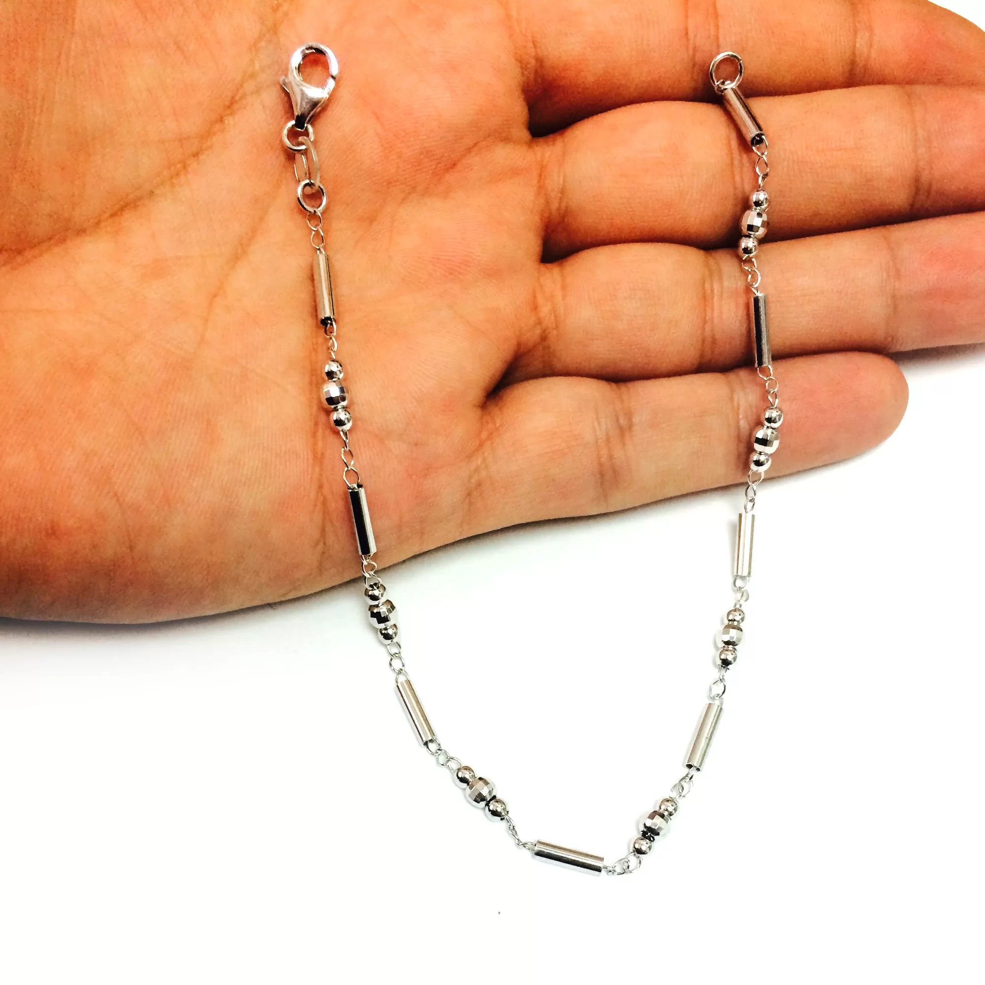 Fancy Link With Faceted Beads Chain Anklet In Sterling Silver