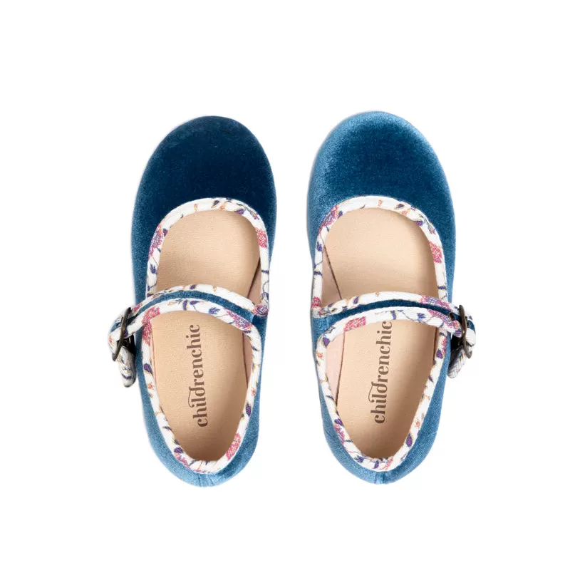 Floral Velvet Mary Janes in Blue