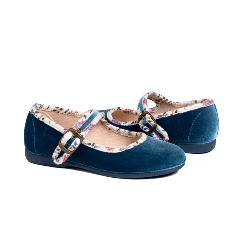 Floral Velvet Mary Janes in Blue