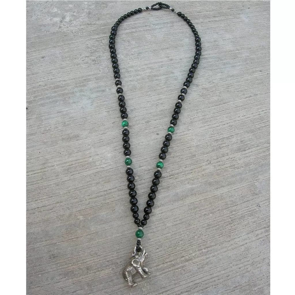 Genuine Onyx and Malachite Gemstone Necklace with Elephant Pendant