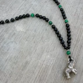 Genuine Onyx and Malachite Gemstone Necklace with Elephant Pendant