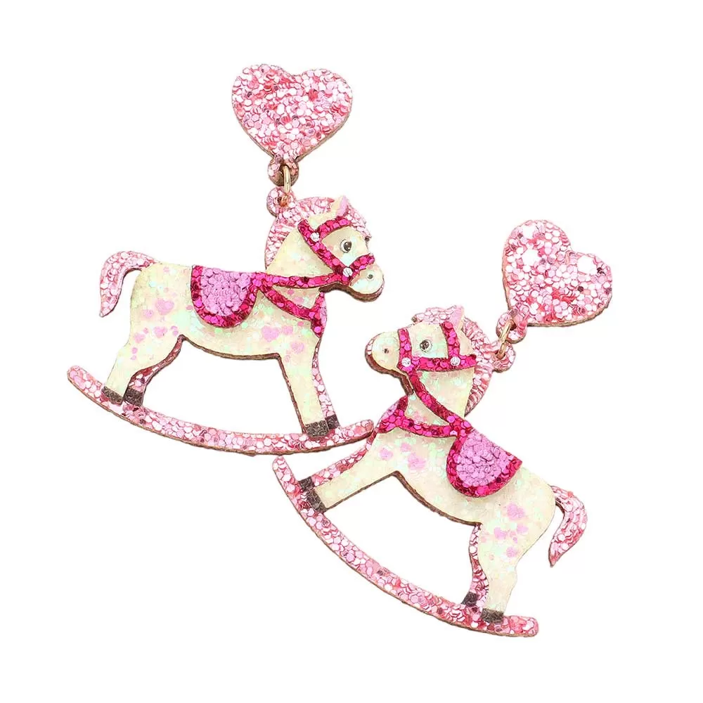 Glittered Heart Rocking Horse Link Dangle Earrings