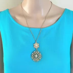 Gold Filigree Floral Crystal Pendant Necklace