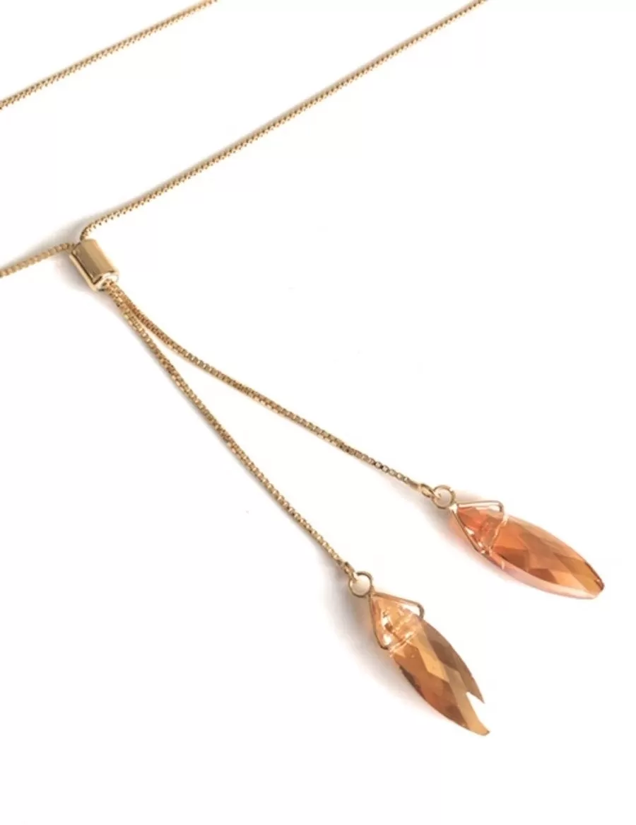 Gold Long Necklace, Lariat Necklaces, Y Shape Adjustable Necklace, Toggle Slide Gold Chain, Pink Crystal Necklace, Long Chain Pink Necklace