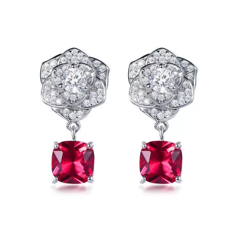 Gorgeous Flower Ruby Radiant Cut Drop Earrings