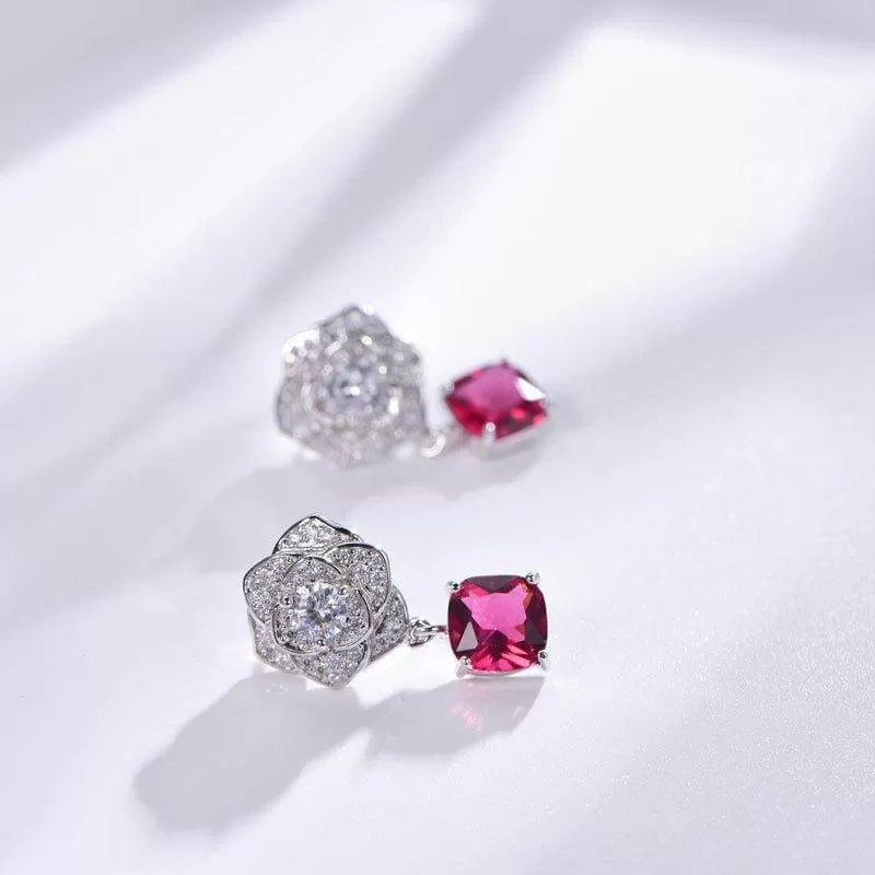 Gorgeous Flower Ruby Radiant Cut Drop Earrings