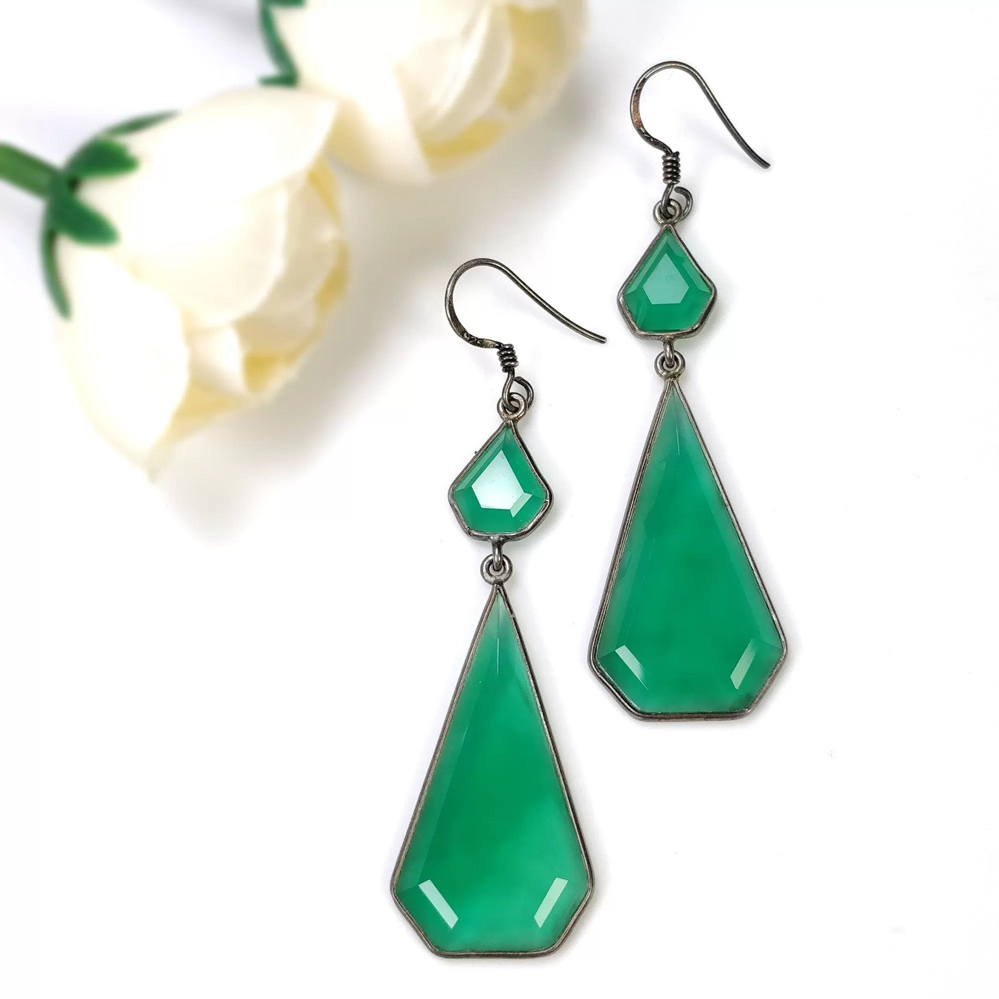 Green Onyx 925 Sterling Silver Earrings : 7.63gms Natural Color Enhanced Fancy Shape Bezel Set 2.40" Drop Dangle Hook Earrings