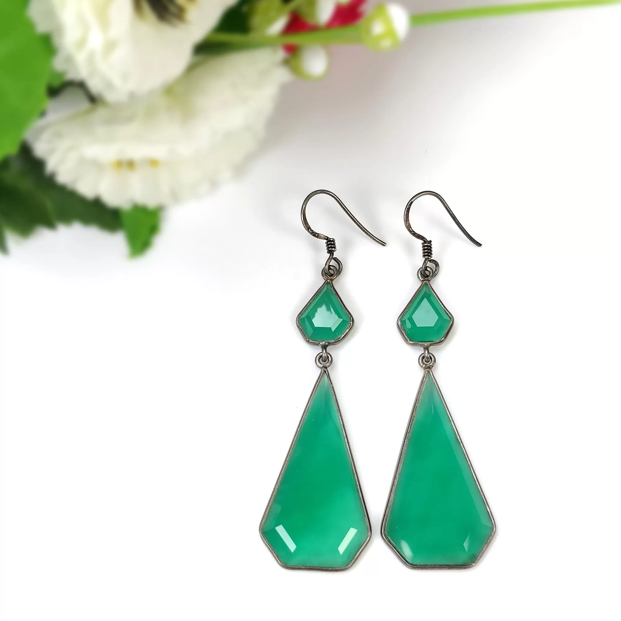 Green Onyx 925 Sterling Silver Earrings : 7.63gms Natural Color Enhanced Fancy Shape Bezel Set 2.40" Drop Dangle Hook Earrings