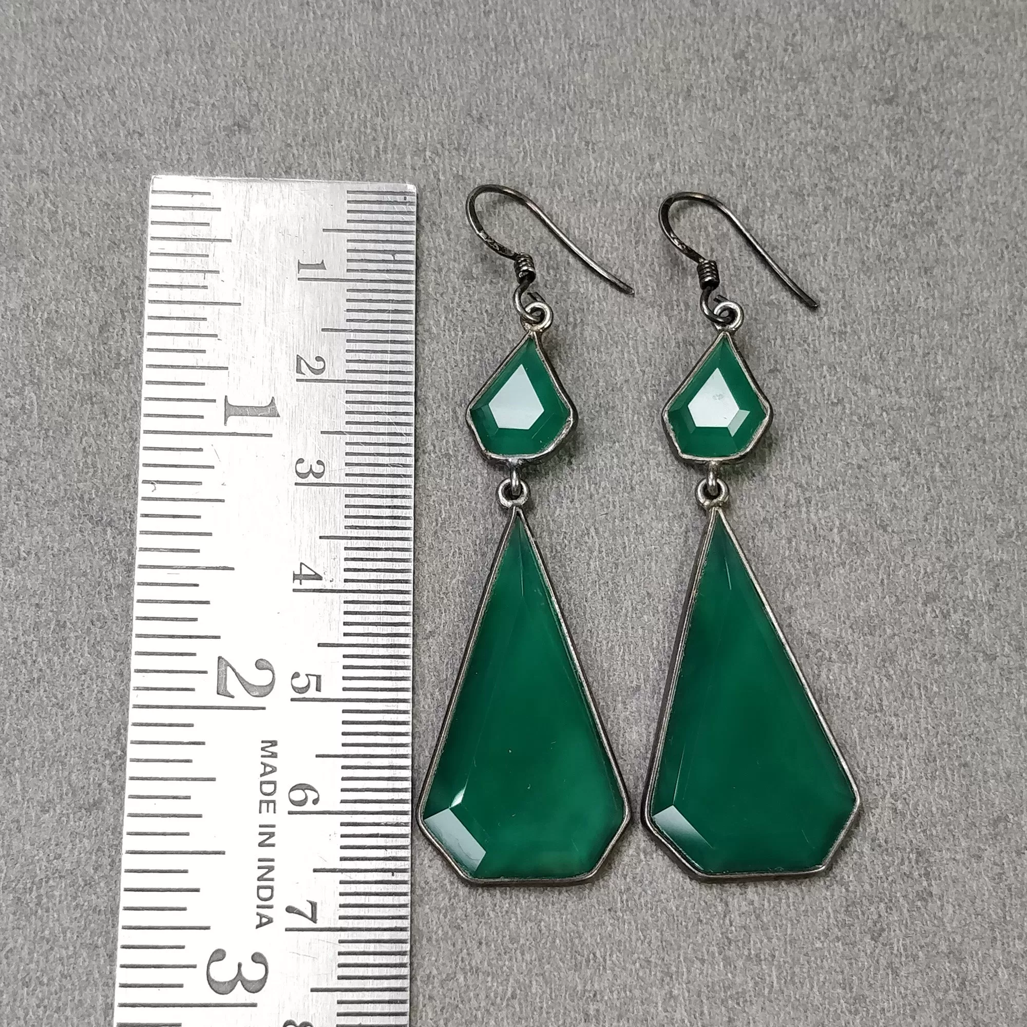 Green Onyx 925 Sterling Silver Earrings : 7.63gms Natural Color Enhanced Fancy Shape Bezel Set 2.40" Drop Dangle Hook Earrings