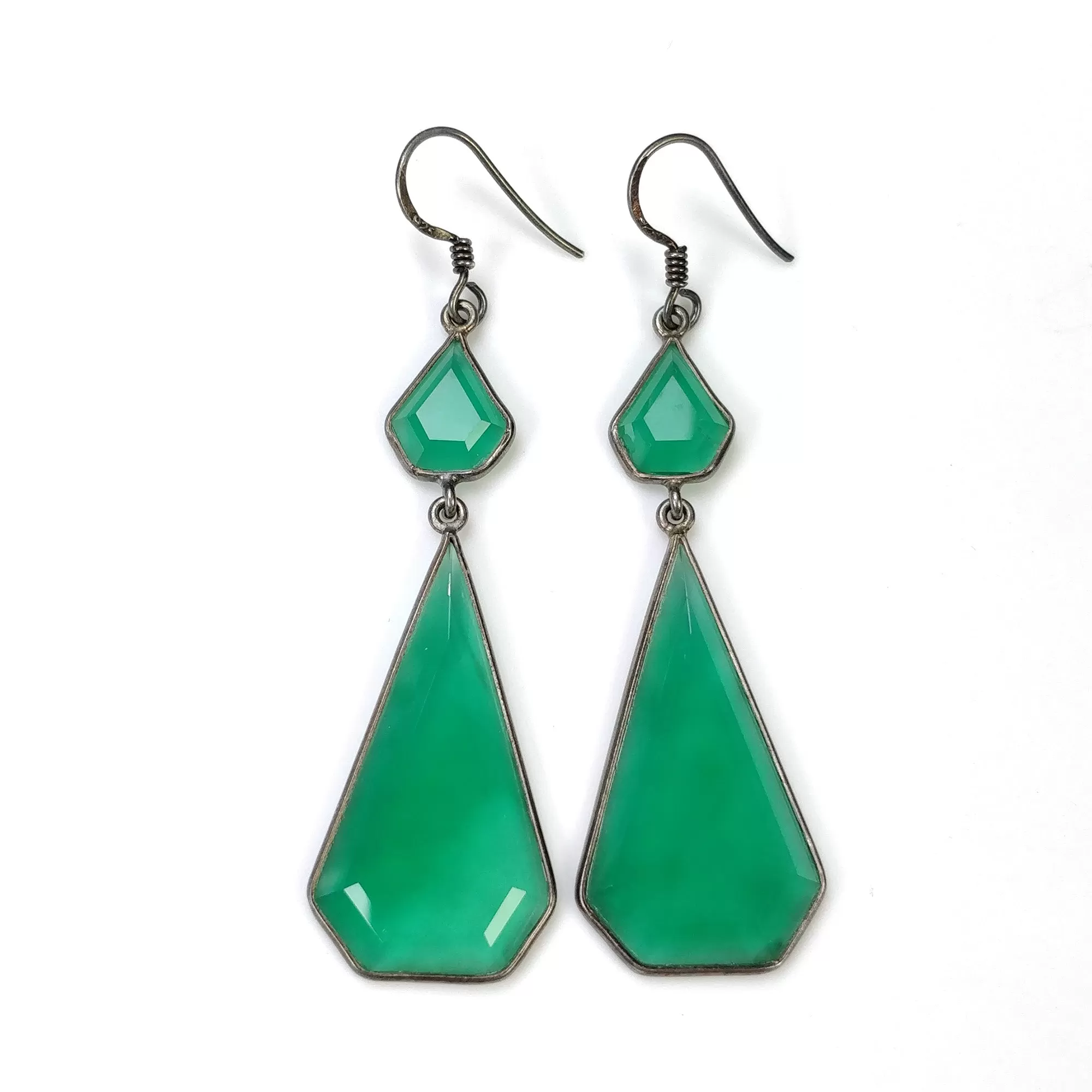 Green Onyx 925 Sterling Silver Earrings : 7.63gms Natural Color Enhanced Fancy Shape Bezel Set 2.40" Drop Dangle Hook Earrings