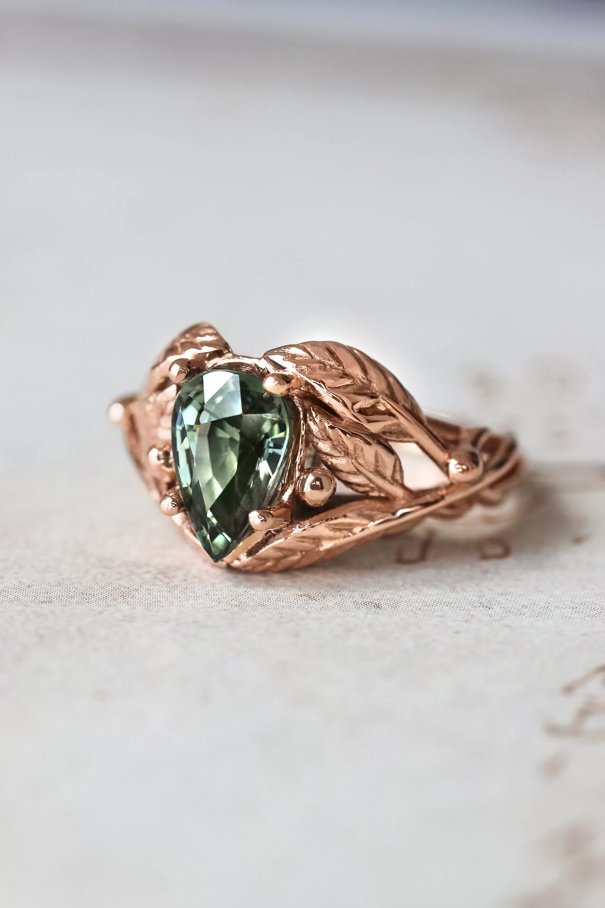 Green tourmaline leaves ring, pear cut engagement ring / Viola