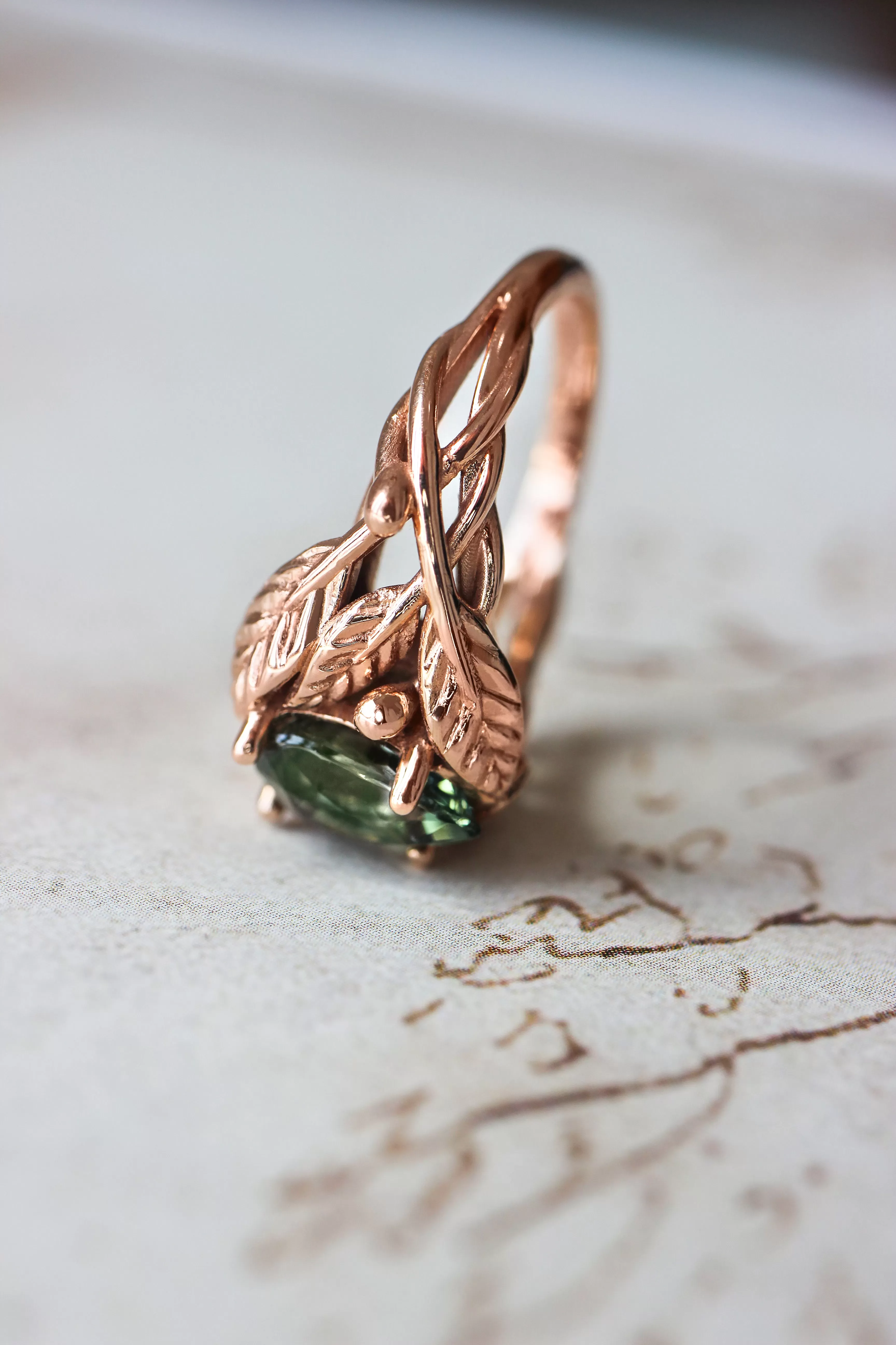 Green tourmaline leaves ring, pear cut engagement ring / Viola