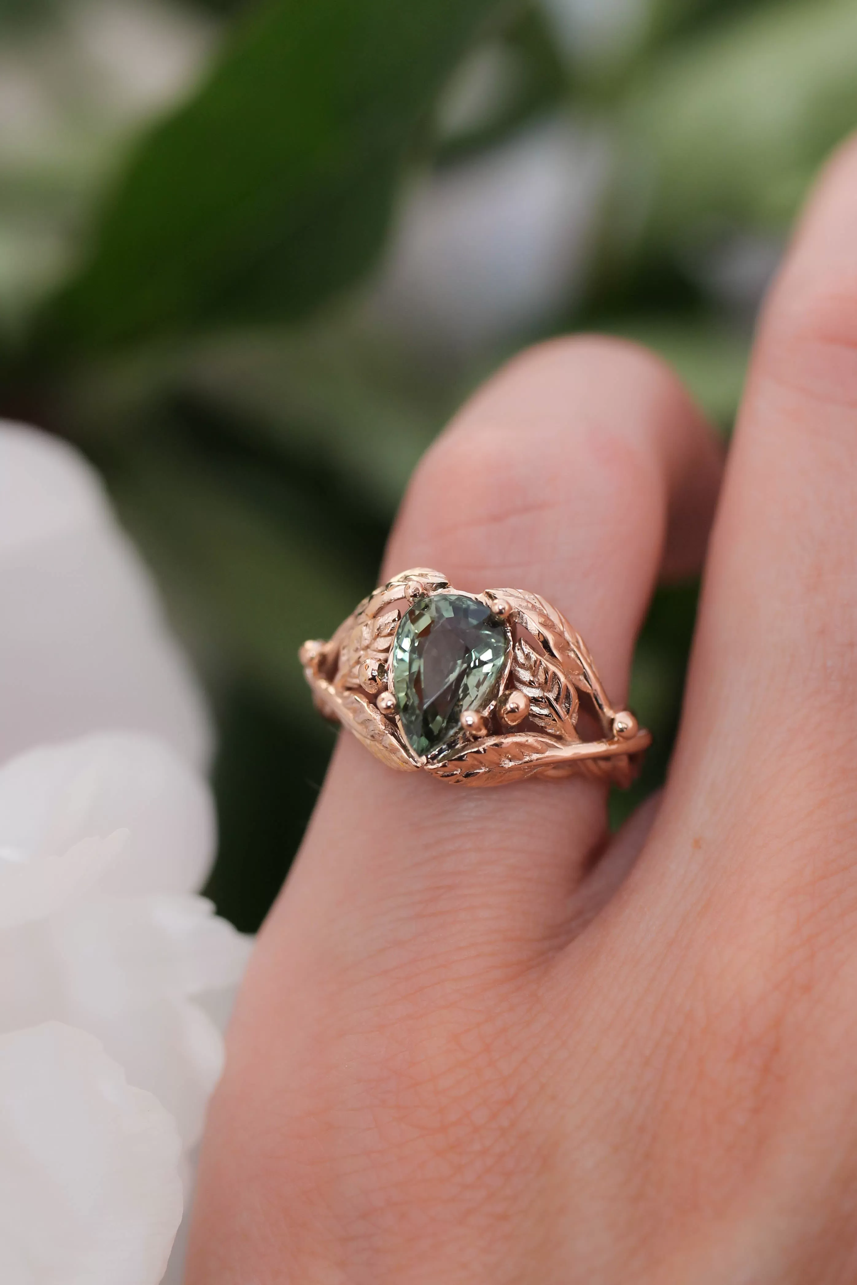 Green tourmaline leaves ring, pear cut engagement ring / Viola