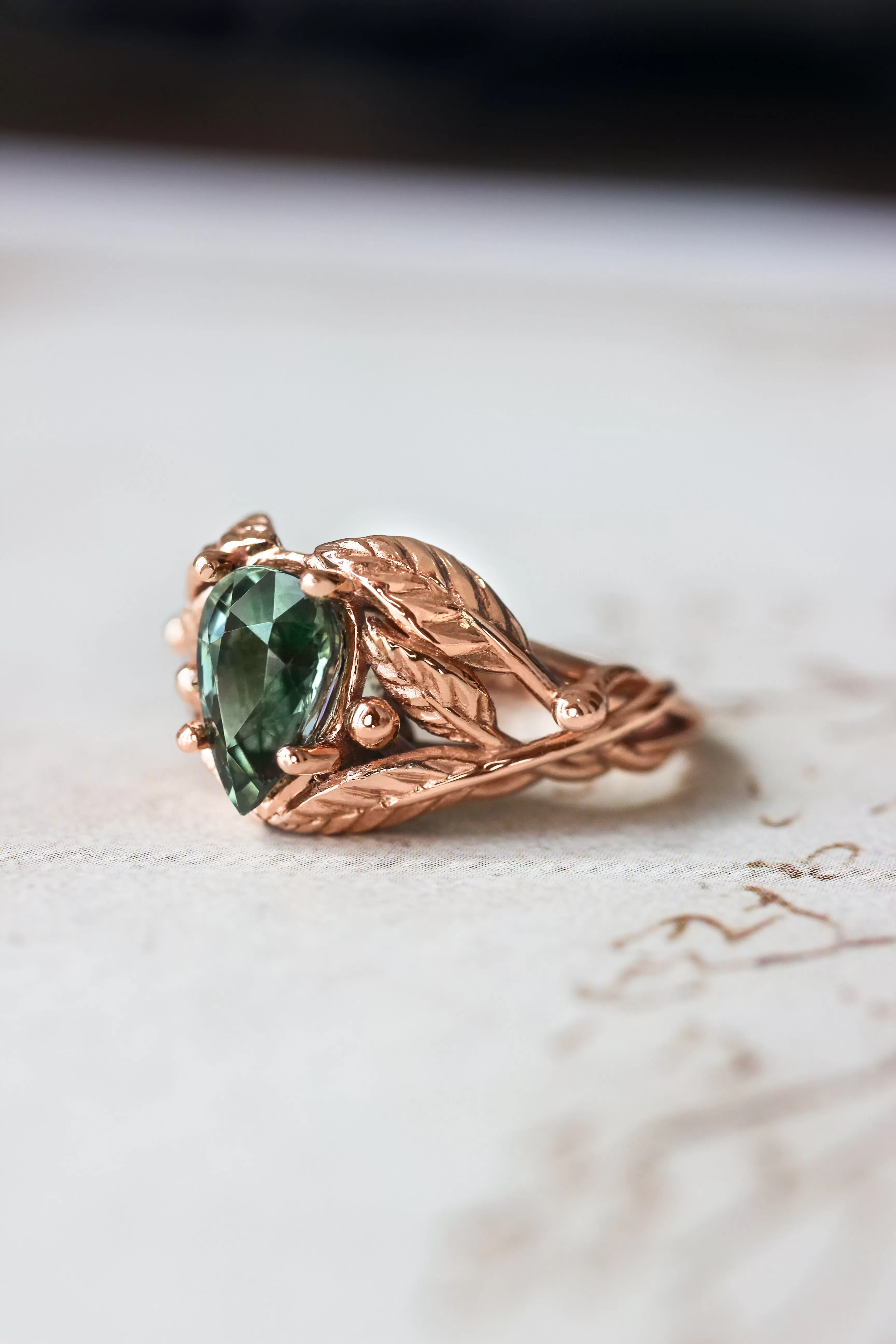 Green tourmaline leaves ring, pear cut engagement ring / Viola